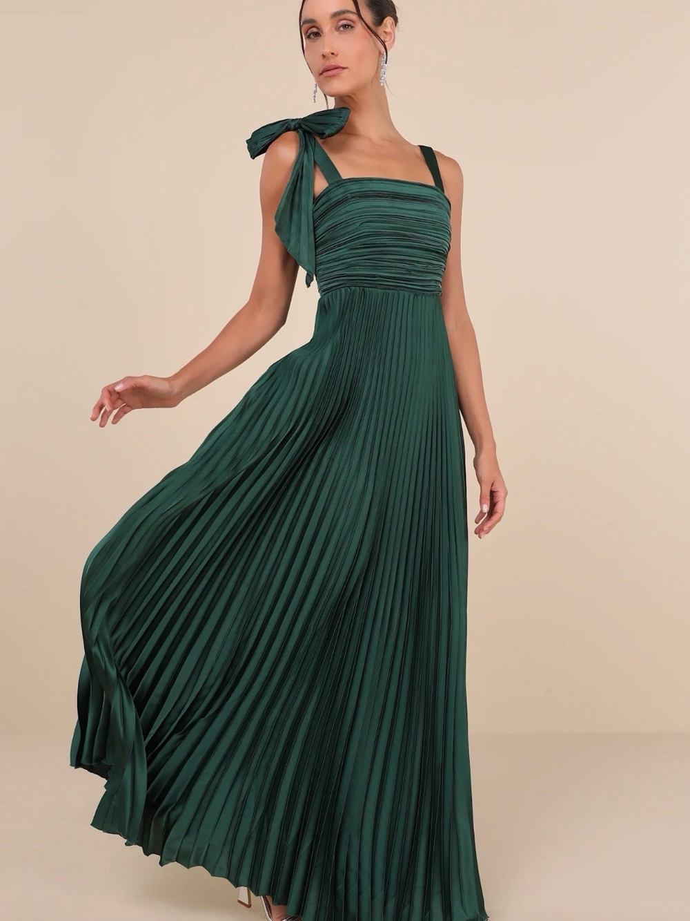 Lulu's Forest Green Pleated Maxi Dress with Shoulder Bow